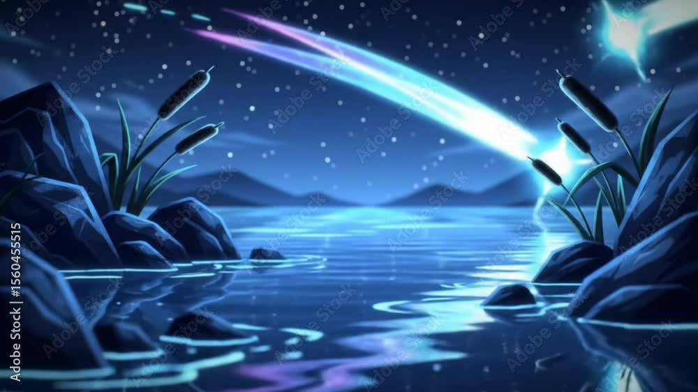 Calm night lake under shooting star with glowing reflections. Seamless looping 4k time-lapse animation video background