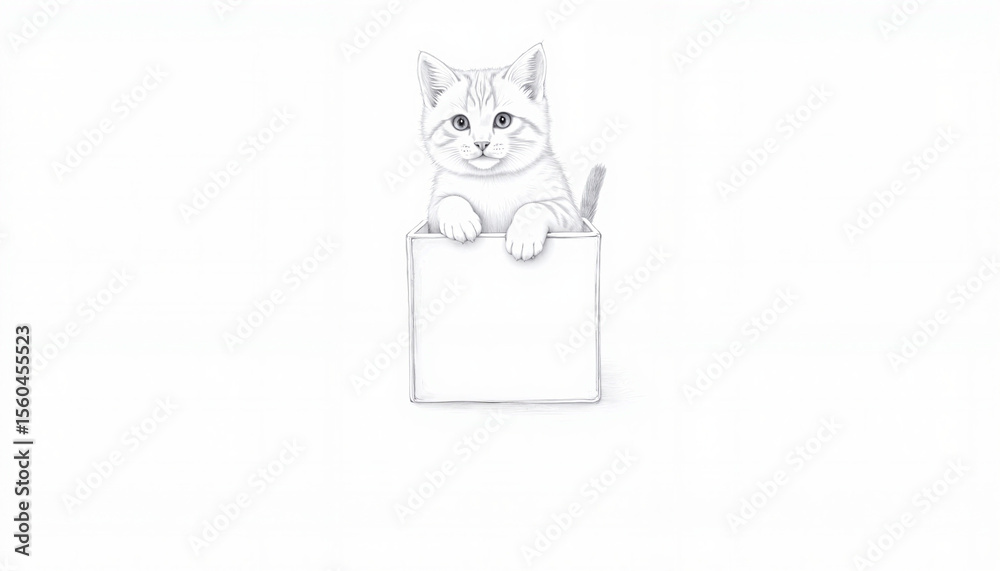 Fototapeta premium Cute illustrated cat peeking out from a blank box with a pencil 