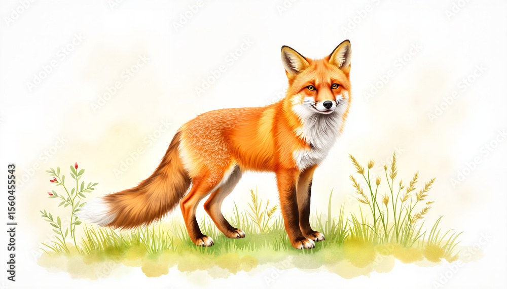 Fototapeta premium Red fox standing in a grassy field with flowers in spring 