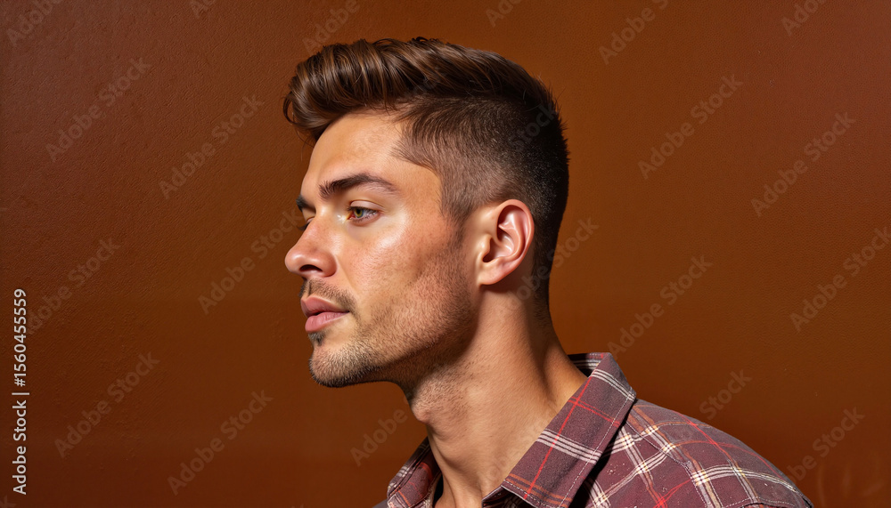Obraz premium Young man with stylish haircut posing against brown background