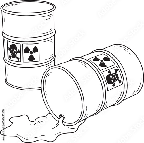 A monochrome illustration depicts two barrels, one upright and the other tipped over with hazardous liquid spilling out. Both barrels are marked with danger symbols for poison and radioactivity.