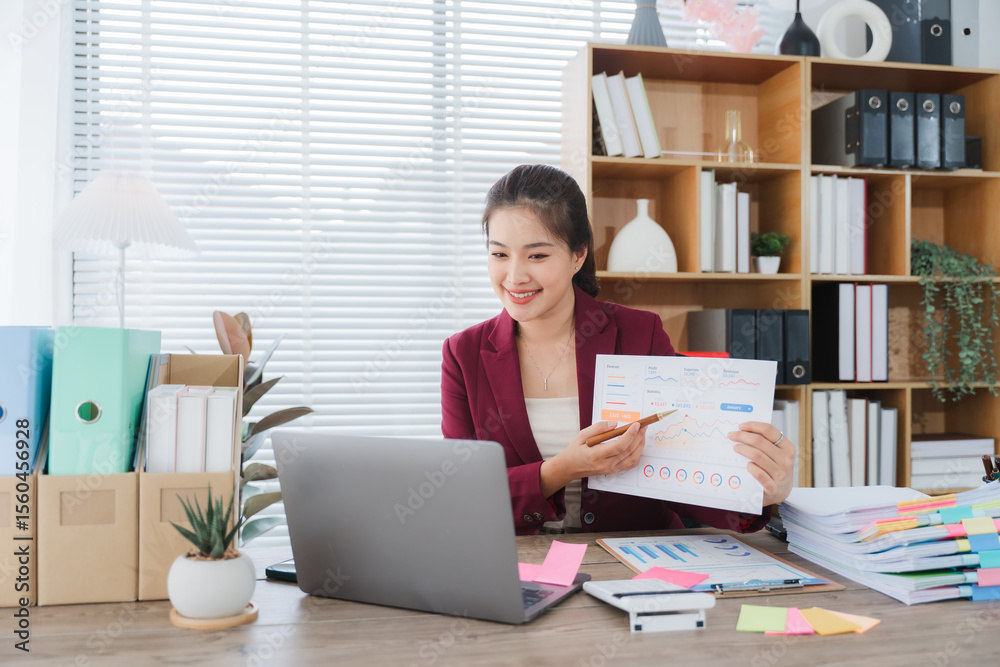 Businesswoman Engaging in a Video Conference: A focused businesswoman, seated in her inviting home office, communicates effortlessly via a laptop. Businesswoman Engaging in a Video Conference: A focused businesswoman, seated in her inviting home office, communicates effortlessly via a laptop.