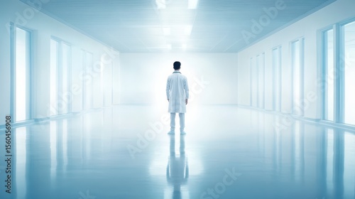 A solitary doctor stands in a bright, sterile, futuristic hallway, surrounded by glowing white doors and reflective floors.