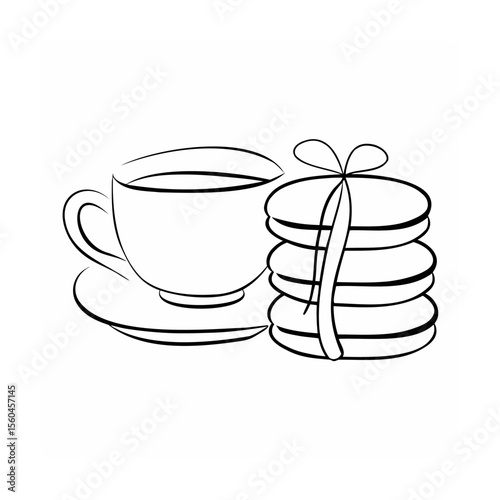 Handdrawn of a teacup with saucer a stack of cookies tied with a ribbon vector