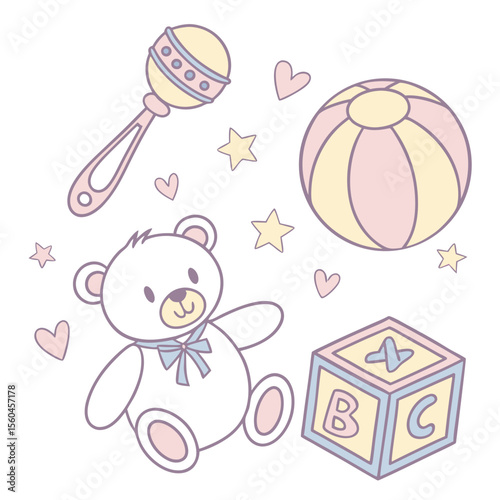 Cute baby toys cartoon illustration on a white background featuring a teddy bear and other playful elements