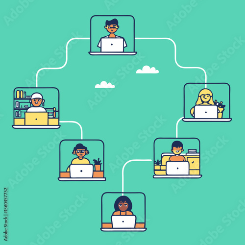 Modern illustration depicting team members collaborating remotely on a white background