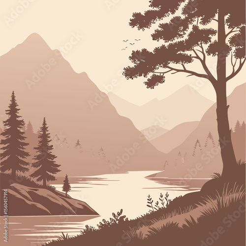 Serene landscape depicting a river flowing through a mountainous forest at sunset
