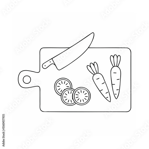 Handdrawn outline of a cutting board with knife sliced citrus carrots vegetables on a