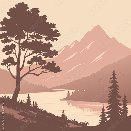 Tranquil nature landscape featuring mountain range river and trees in monochromatic style