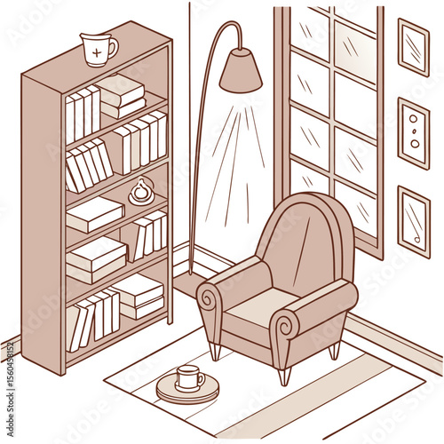 Isometric drawing of a cozy room with a bookcase chair lamp window and framed pictures on the wall