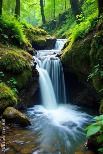 Serene Spring Waterfall Cascading over Mossy Rocks in Lush Green Forest - Perfect for Nature, Travel, and Tourism