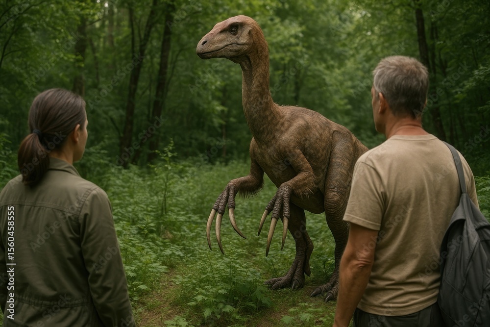 Fototapeta premium Encounter with prehistoric creature outdoors.