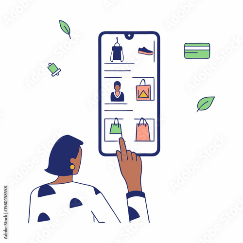 Woman browsing online shopping on smartphone with fashion items and payment option
