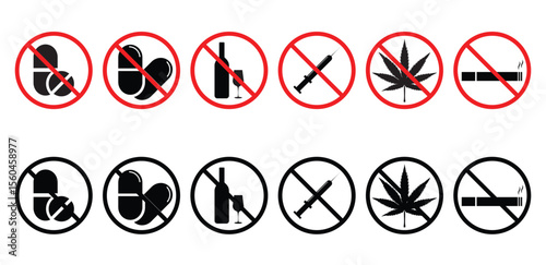 Say no to drugs. Set of drugs prohibiting icons vector.