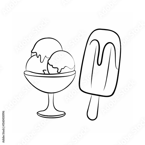 Handdrawn ice cream sundae with three scoops a popsicle on dessert