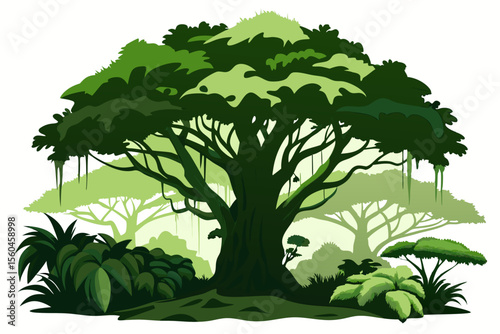 A dense jungle tree silhouette, white background



