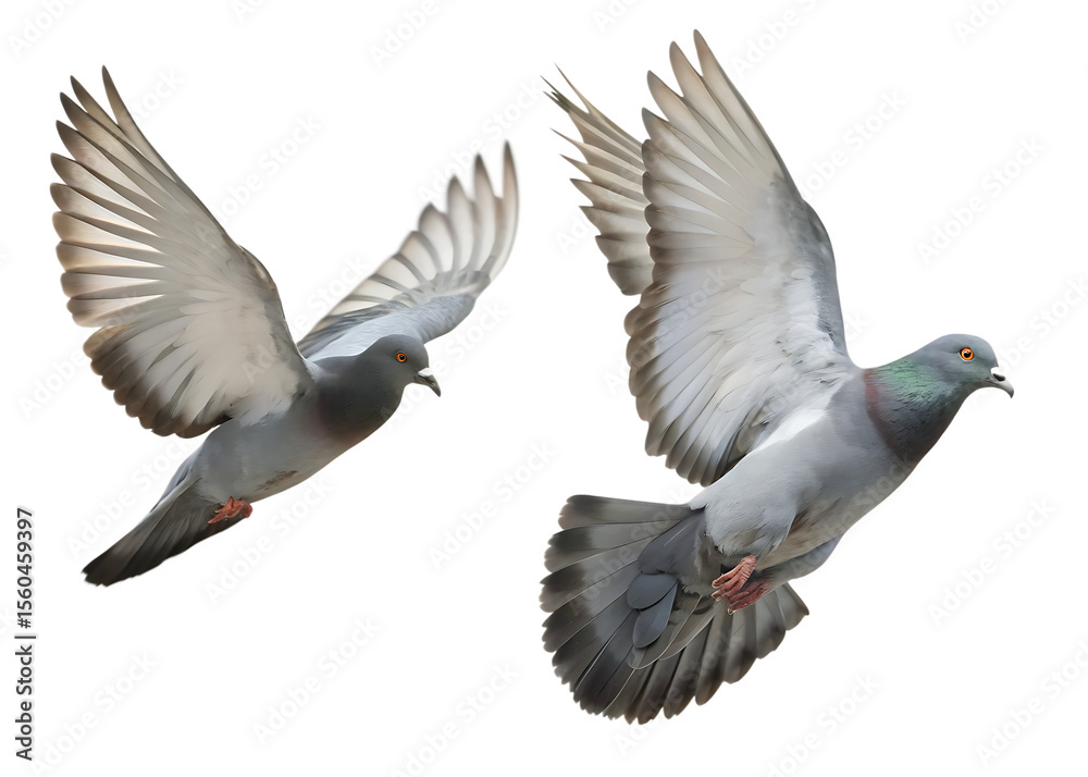 Obraz premium Gray pigeons flying wings spread isolated on a transparent background