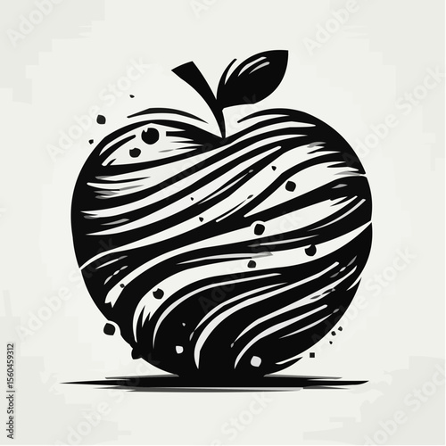 Black and white apple illustration with textured design and leaf  