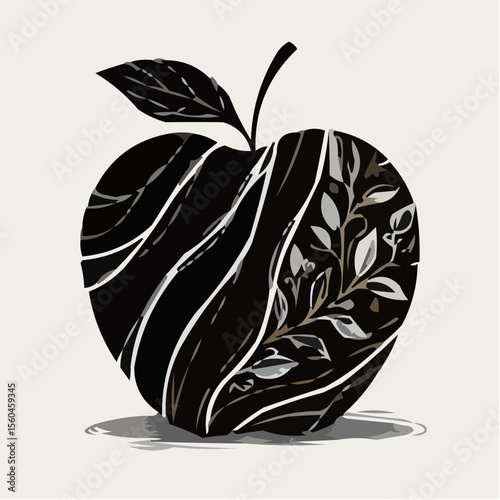 Stylized apple icon with leaves in black and white design  