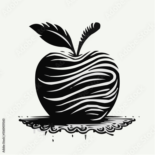 Abstract black apple illustration with wavy lines and leaves  