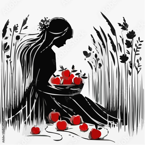 Silhouette of a woman gathering red apples in a lush garden  