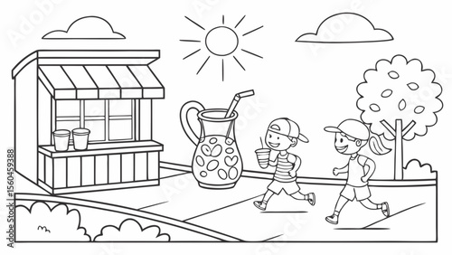 Line art coloring page, summer theme, kids having a lemonade stand on a sunny street, pitcher of lemonade, cups, happy customers, simple lines, no shading, black and white