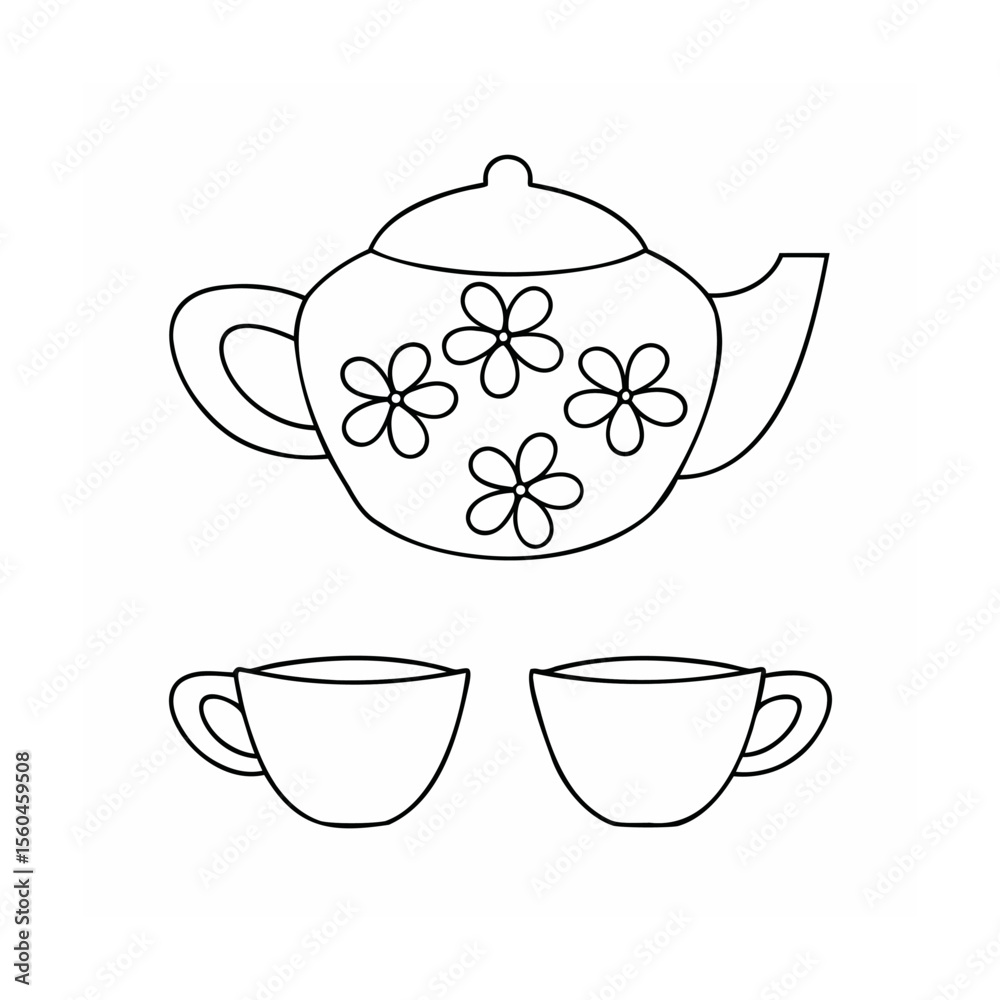 Handdrawn outline teapot with floral pattern two teacups on drink
