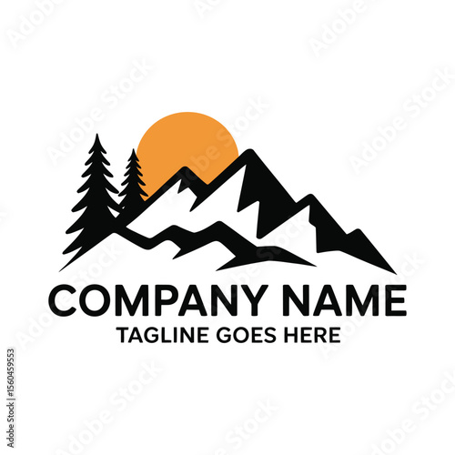 Illustrated mountain logo featuring pine trees sun and space for company name and tagline