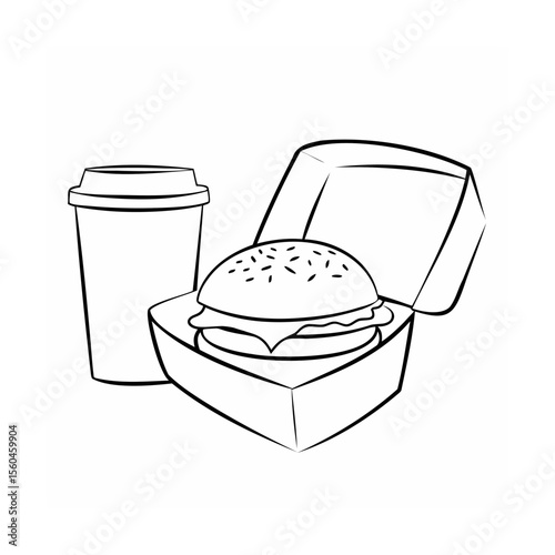 Of a burger in a box a coffee cup on a hamburger cheeseburger