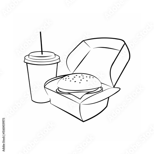 Handdrawn of a burger in a box a drink with a straw on hamburger cheeseburger