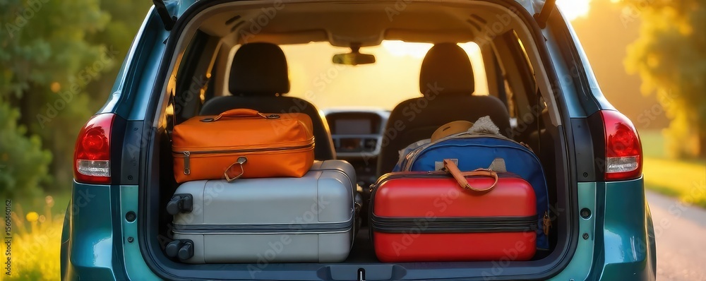 Fototapeta premium Family Road Trip Minivan Packed for Adventure, Gleaming in Sunlight, Ready for Journey Together