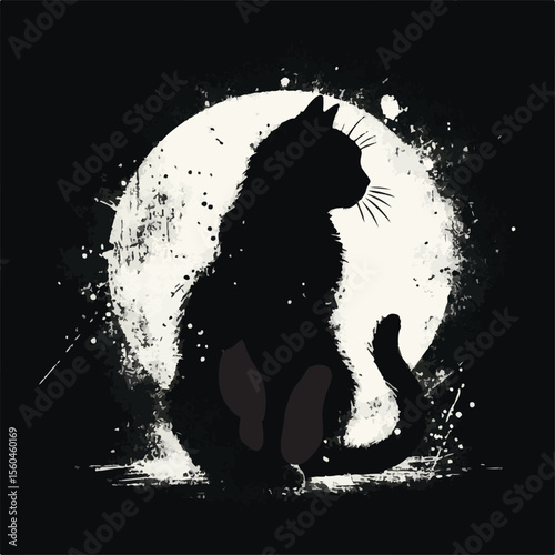 The image showcases a cat's silhouette in front of a bright full moon, rendered artistically with splattered textures and a monochromatic palette, evoking mystery and intrigue