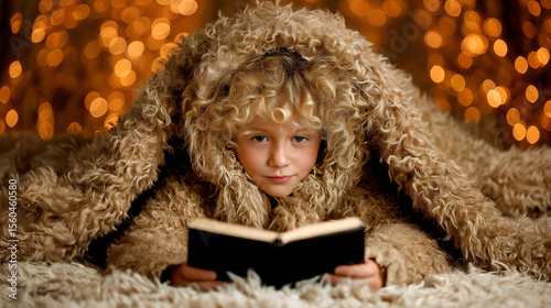 Cozy photo of a child 7-8 years old with a flashlight under a blanket, fully engrossed in reading a book.