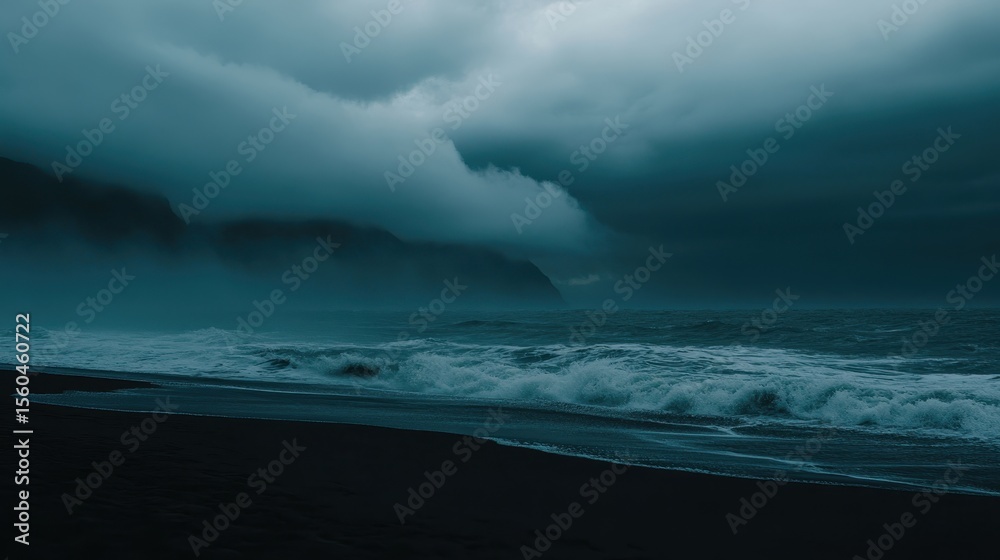 Naklejka premium Black sand beach, dark clouds, and foggy mountains in the background. Icelandic landscape, 