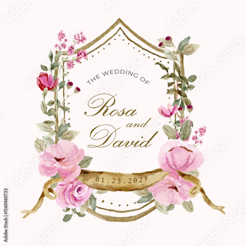 beautiful vintage pink floral garden watercolor wedding crest