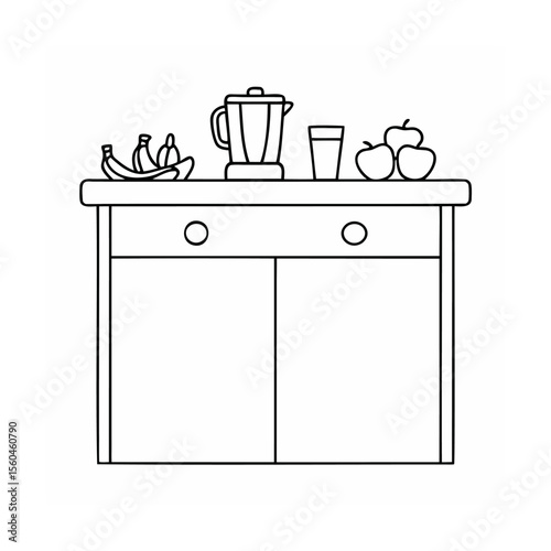 Handdrawn outline of a kitchen counter with fruit blender glass of juice banana apple