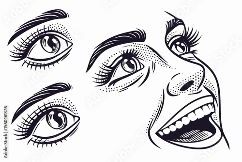 Stylized black and white drawing of a woman s face and eyes looking up