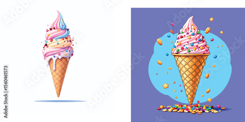 Vsai delicious ice cream cones with sprinkles falling on purple and white backgrounds