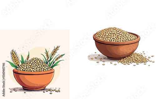 Vsai wheat and millet grains piled in ceramic bowls and spilling out, representing healthy eating and agriculture