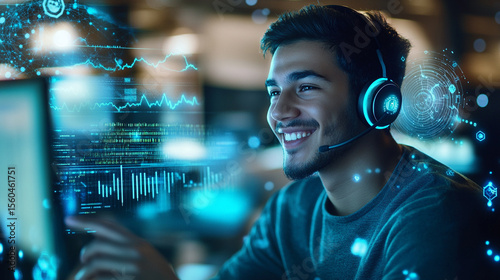 Futuristic hologram of a man talking with headset at a contact center, Analytical network digital art, tilt shift, white black blue and green. 