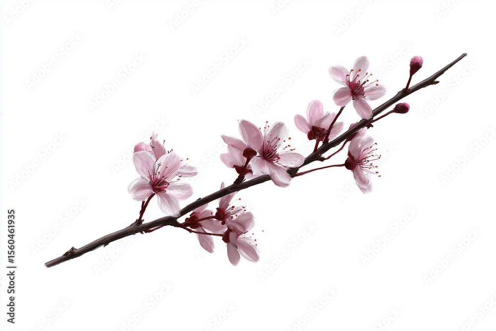 Fototapeta premium Bright Cherry Blossom Branch Showcasing Stunning Pink Petals and Delicate Buds Against a Clear White Background