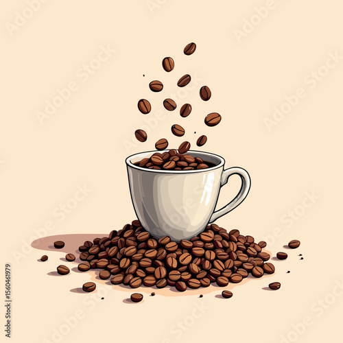 Vsai white coffee cup overflowing with roasted coffee beans