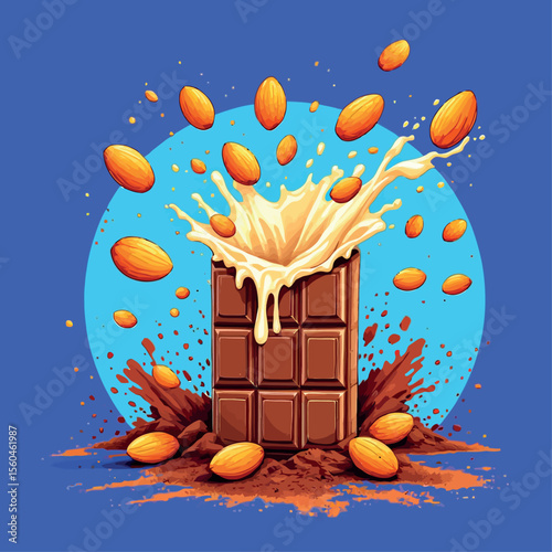 Vsai chocolate bar covered in splashing almond milk and almonds
