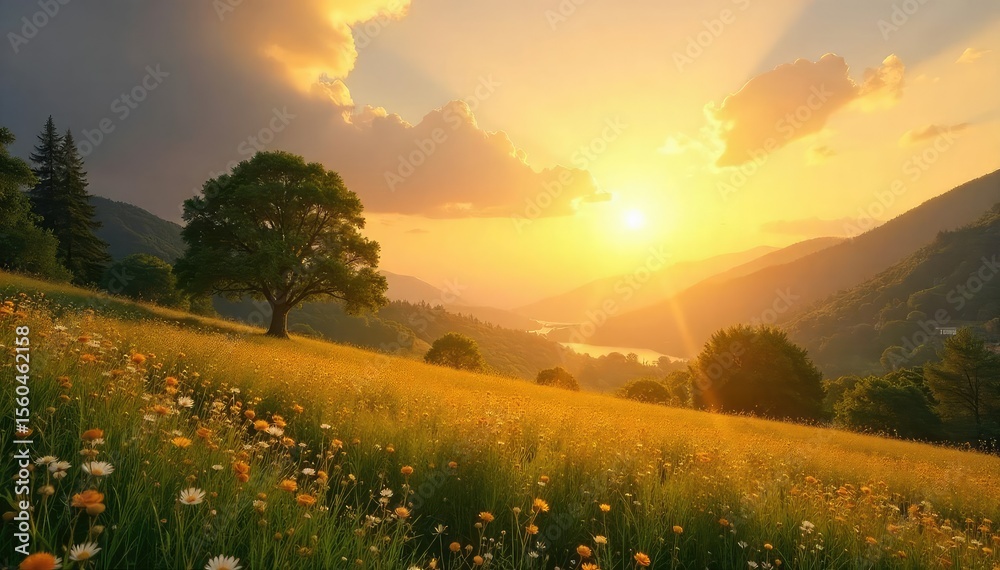 Obraz premium Serene Golden Sunset Landscape Peaceful Countryside Scene Evoking Faith, Hope, and Tranquility - Ideal for Spiritual Websites, Blogs, and Social Media