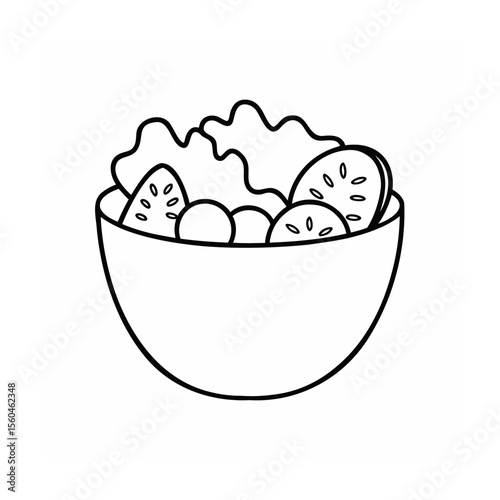 Handdrawn of a salad bowl with lettuce cucumber tomato slices food vegetable