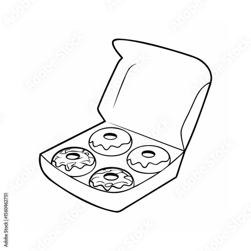 Handdrawn of four donuts in a box with open lid on a food sweet