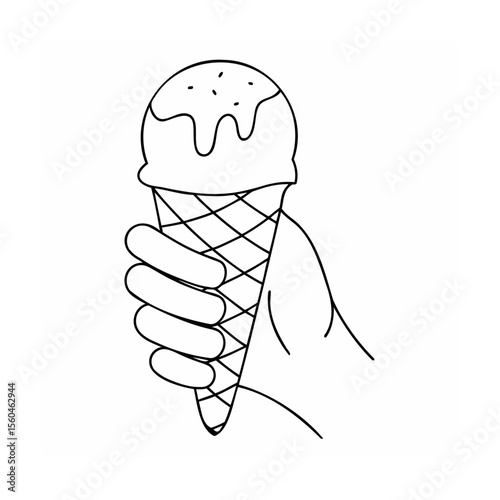Handdrawn outline of an ice cream cone held in a hand on a holding