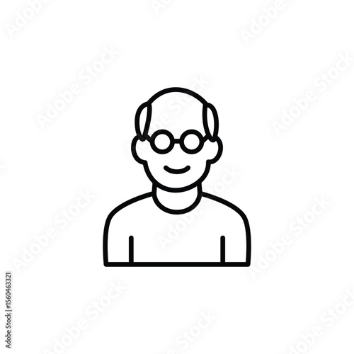 Simple line art portrait of a smiling elderly man wearing glasses.