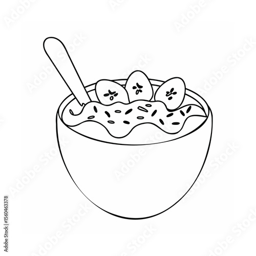 Handdrawn of a bowl of oatmeal with banana slices a spoon on vector