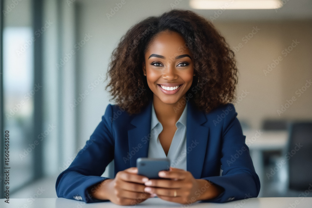Obraz premium A smiling young woman with curly hair looks at her phone while wearing a navy blue blazer, seated in a modern office setting.